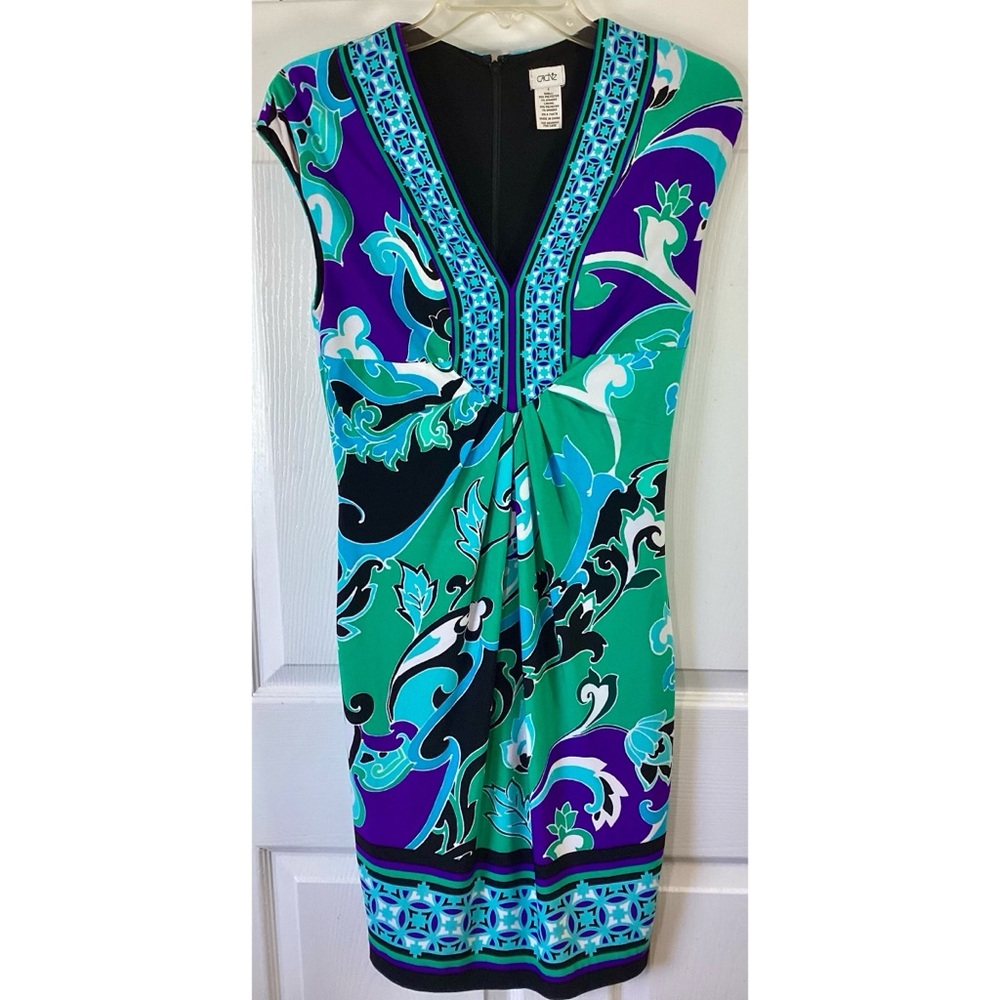 CACHE Blue/Green Baroque Print Mini Sheath Vacation Resort Dress~Small - Picture 4 of 6
